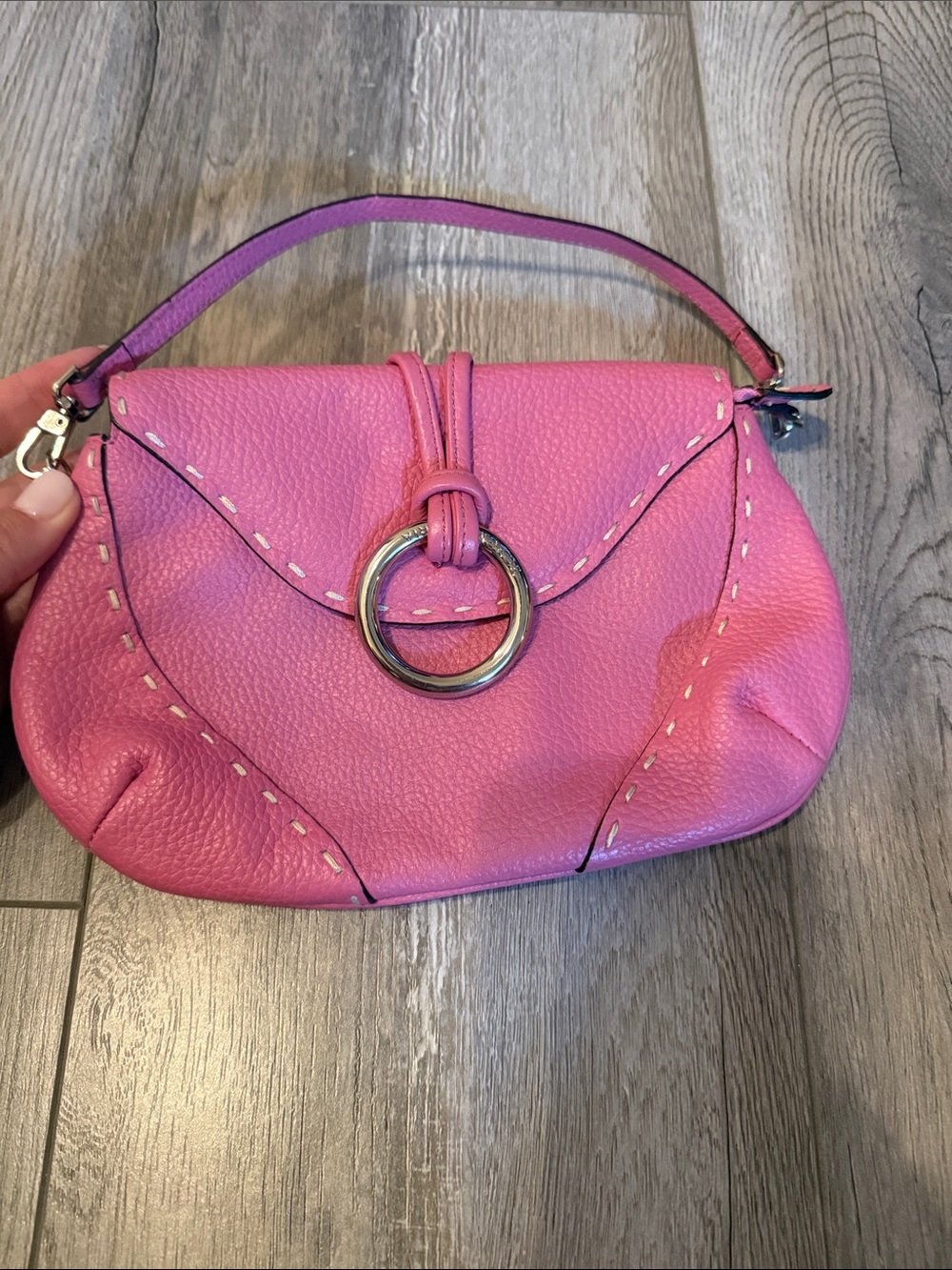 BCBGMaxAzria Pink Pebbled Leather Ring-Accent Wristlet